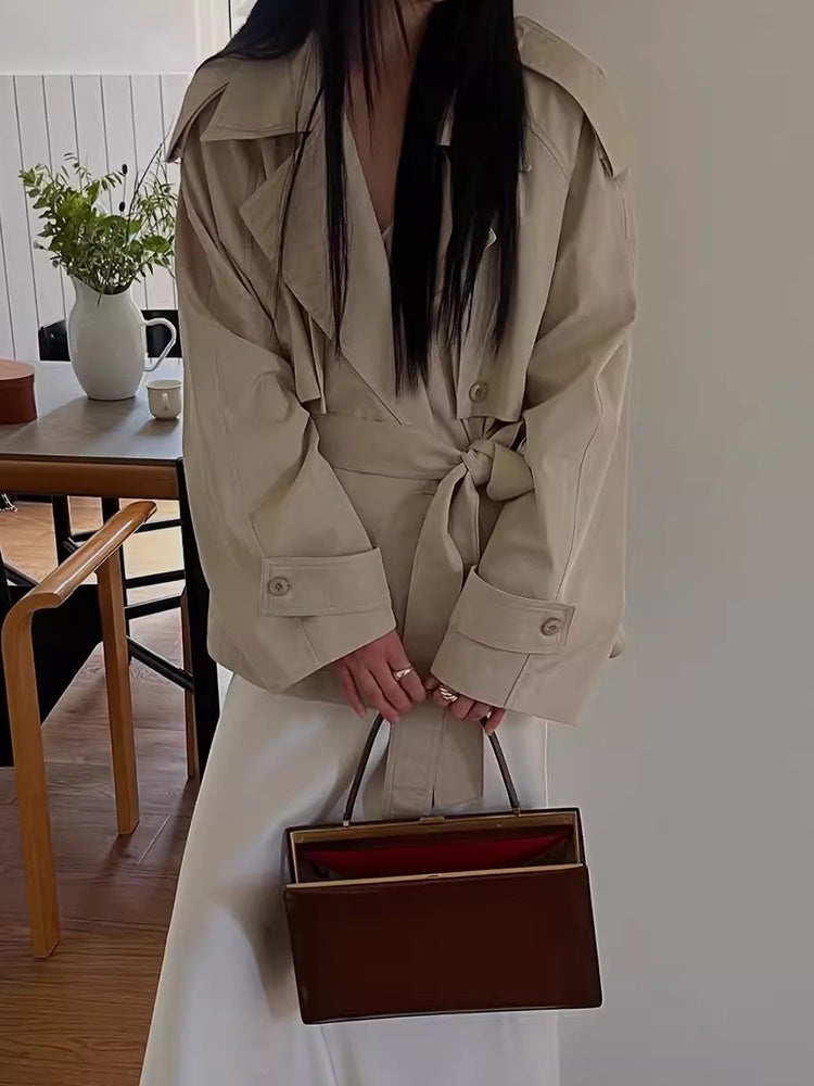 Vintage Suit Collar Lace-up Waist-controlled Long Sleeve Trench Coat Short Coat