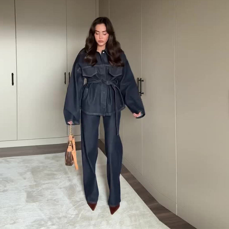 Fitted Waist Turn-down Collar Waist Denim Coat