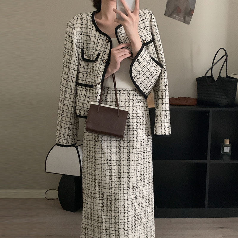 Small Country Style Round Neck Tweed Short Coat High Waist Plaid Skirt Suit
