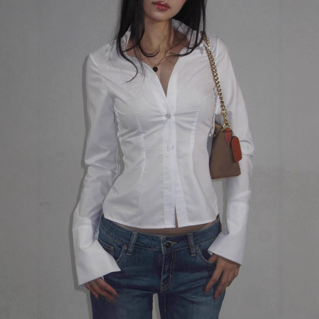 Women's Fashion Simple Slim Fit Lapel Breasted Solid Color Shirt