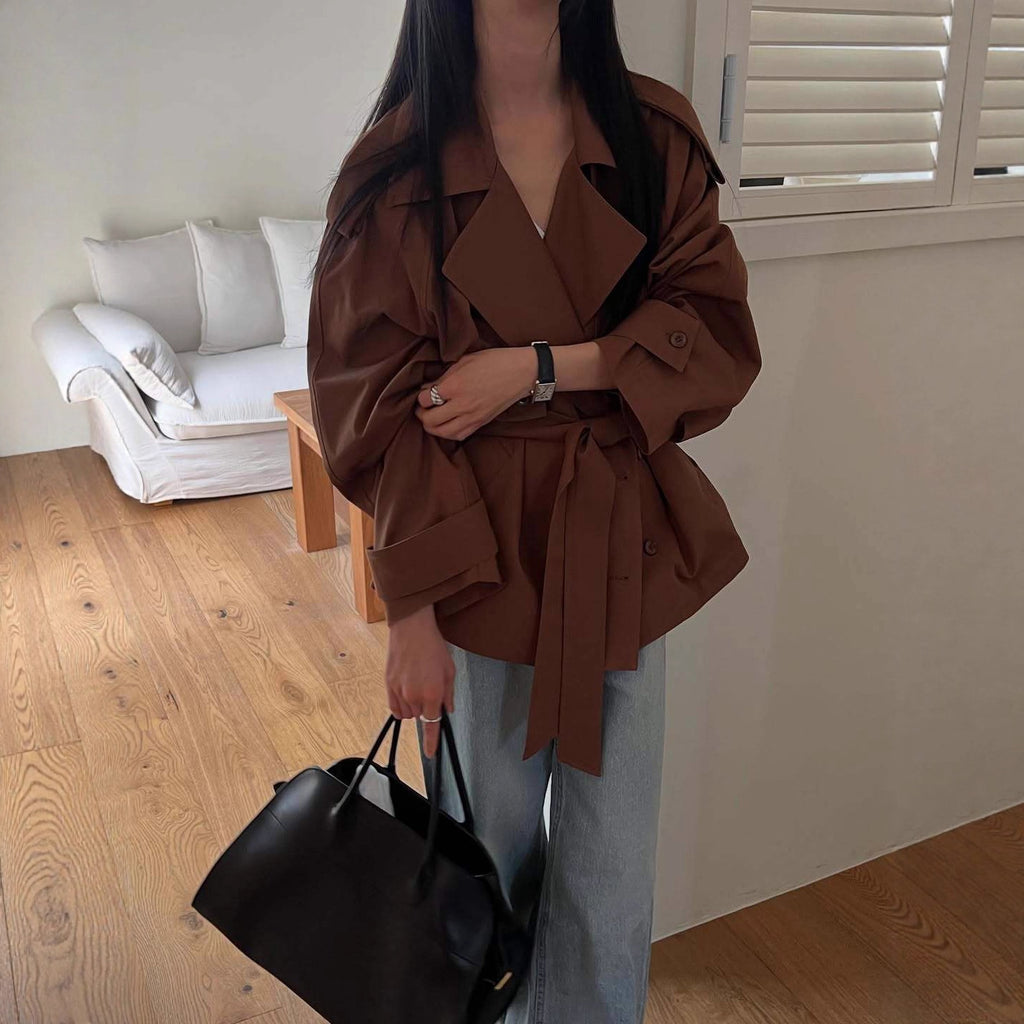 Vintage Suit Collar Lace-up Waist-controlled Long Sleeve Trench Coat Short Coat