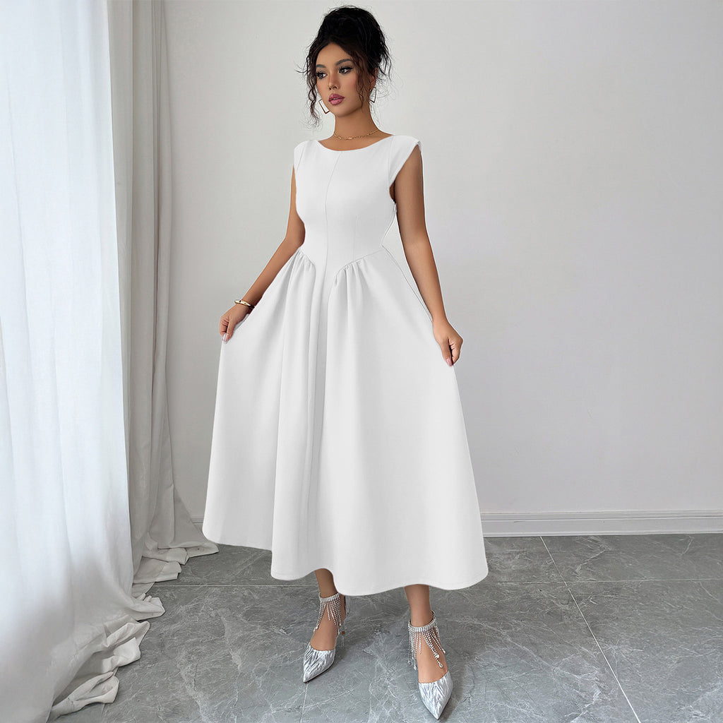 Solid Color Waist Long Skirt Dress Women