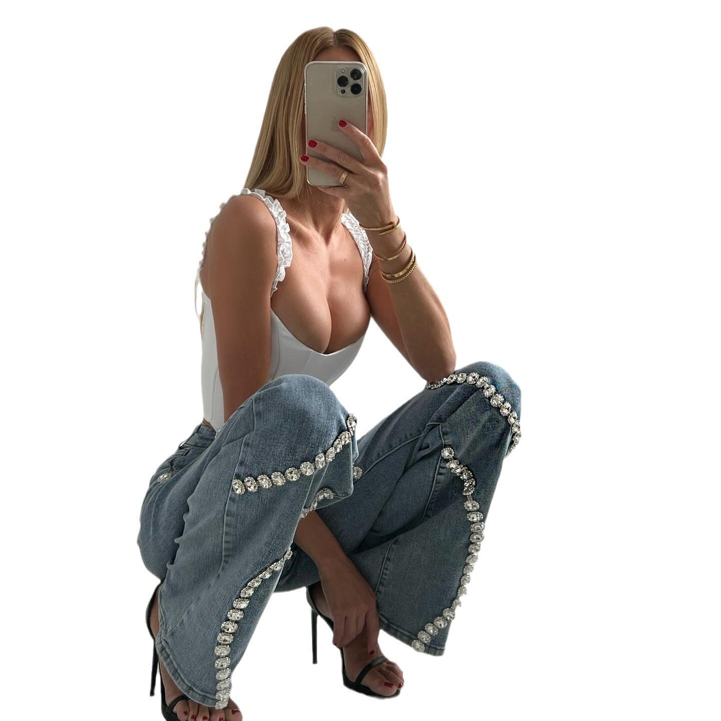 Vaqueros rectos y holgados, pantalones casuales de moda con diseño de mezclilla con efecto piedra del Rin, adecuados para mujeres.