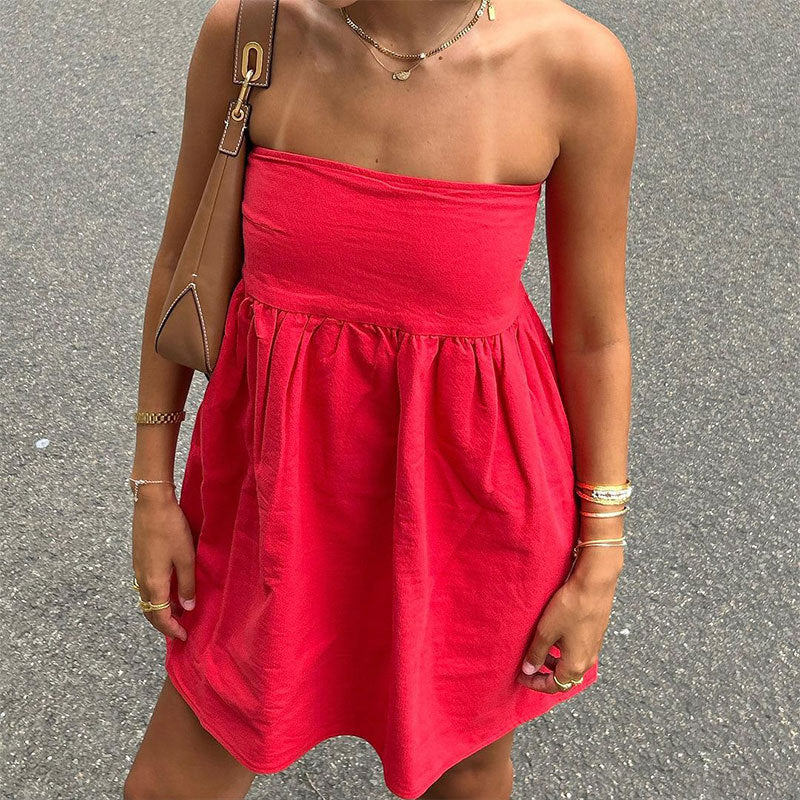 Fashionable Retro Pure Color Tube-top Sleeveless Midi Dress