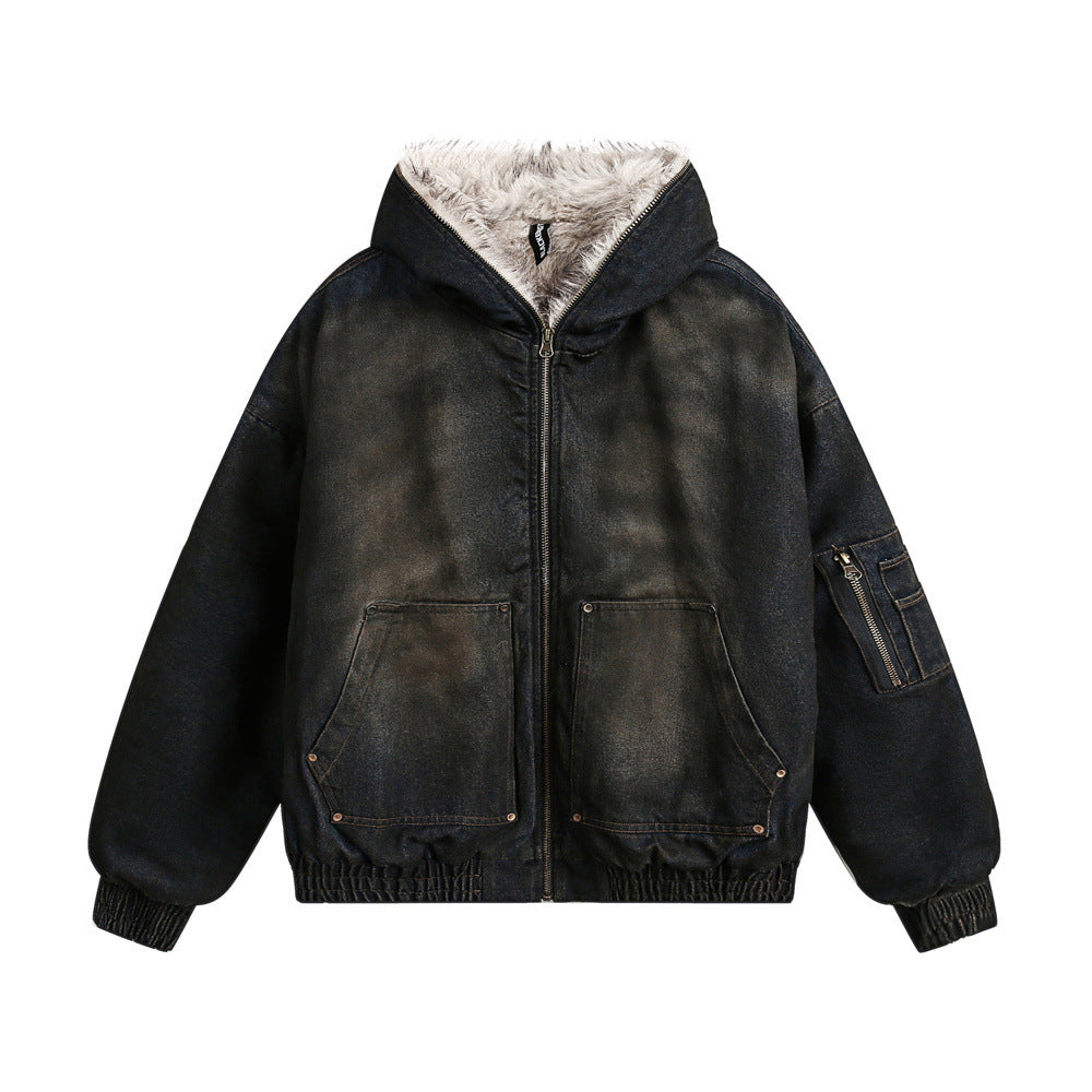 Distressed Dirty Denim Hooded Cotton Coat Jacket Winter Men