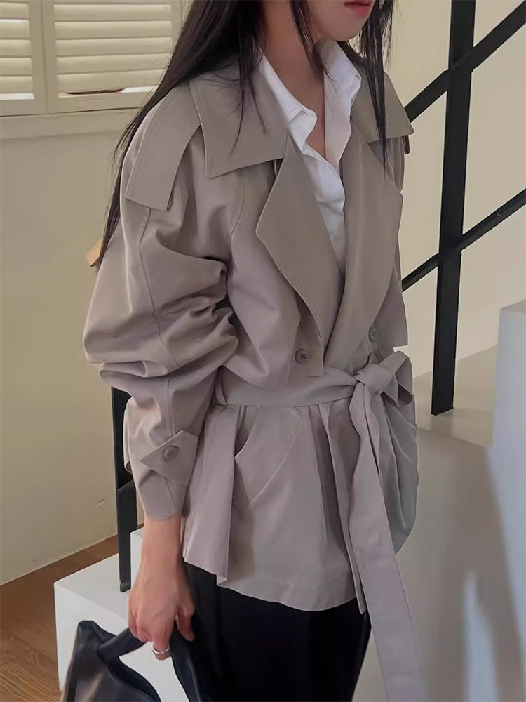 Vintage Suit Collar Lace-up Waist-controlled Long Sleeve Trench Coat Short Coat