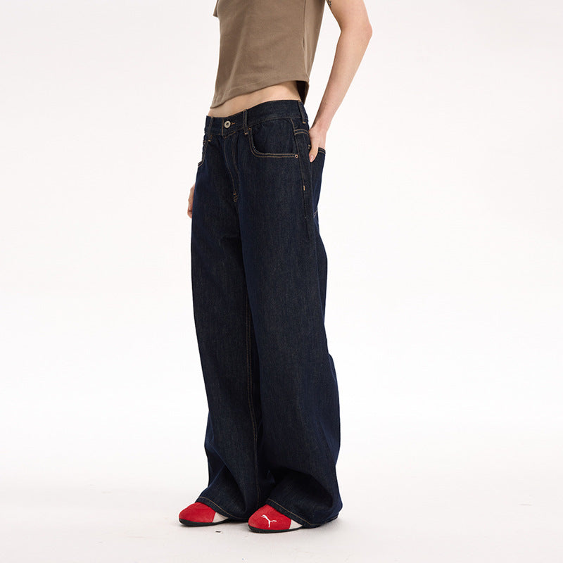 Dark Blue Classic Loose Straight Jeans For Men And Women