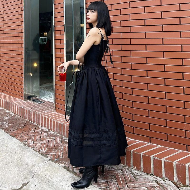 Lace-up Bow Collar Solid Color Graceful Slip Dress Women
