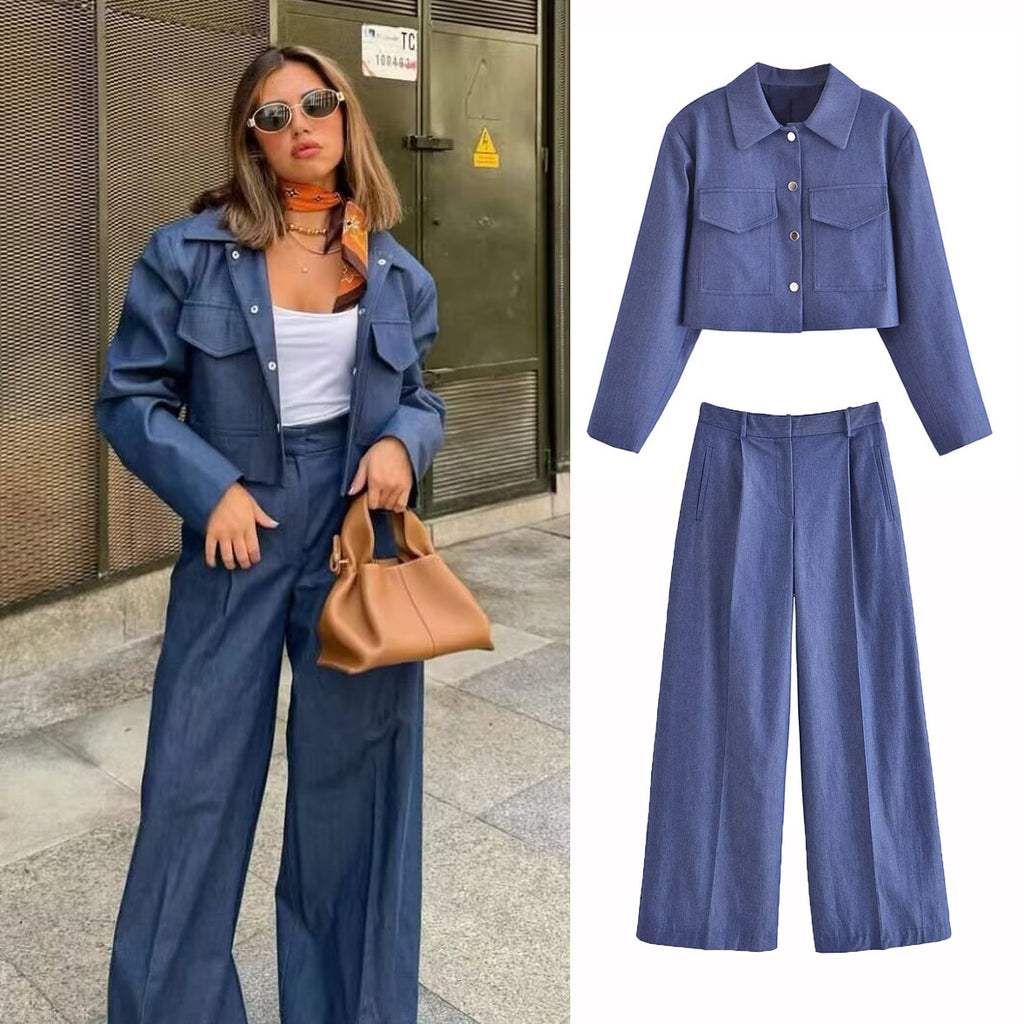 Double Pocket Cropped Coat Top High Waist Wide Leg Pants Suit