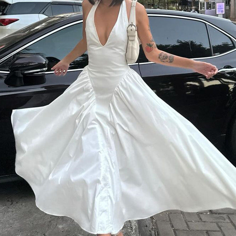 Solid Color Deep V Neck Hollow Out Halter Elegant Flared Hem Dress For Women