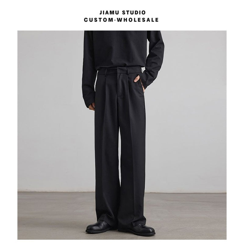 Old Money Style Pleated Neutral Straight Casual Suit Pants