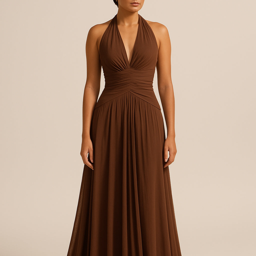 Brown Halter Back Maxi Dress