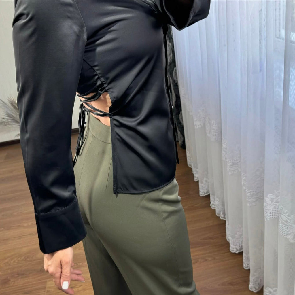 Black Satin Backless Lace-up Shirt