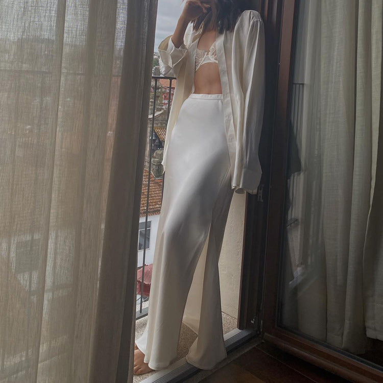 Satin Draping Side Slit High Waist Maxi Skirt