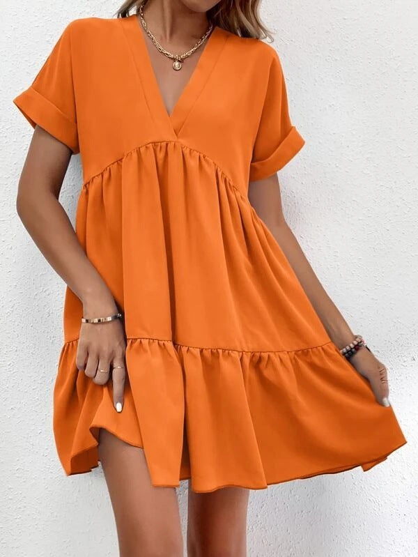 Vestido de verano de manga corta con cuello en V, informal, con volantes, color liso, para playa y vacaciones.