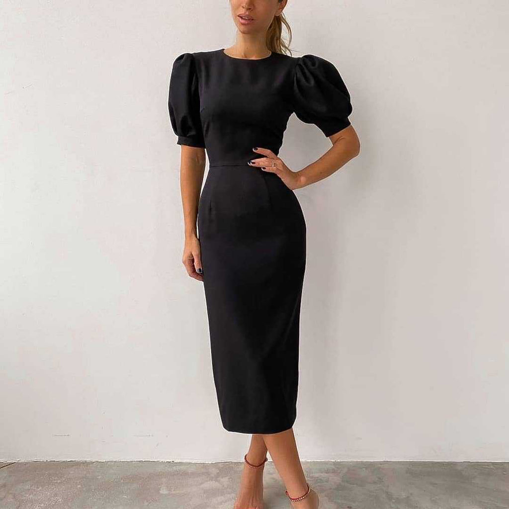 Round Neck Short Sleeve Temperament Commuter Tight High Waist Bubble Sleeve Dress Female Package Hip Skirt