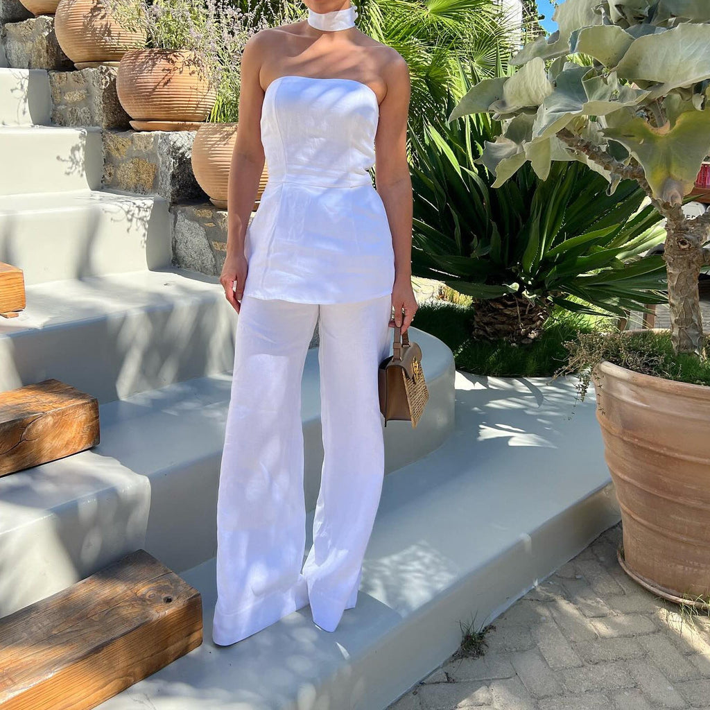 Cotton And Linen Solid Color Tube Top &  Pants Set