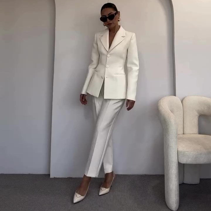 Classic Waist-cinched Blazer & High-waisted Pants White Suit