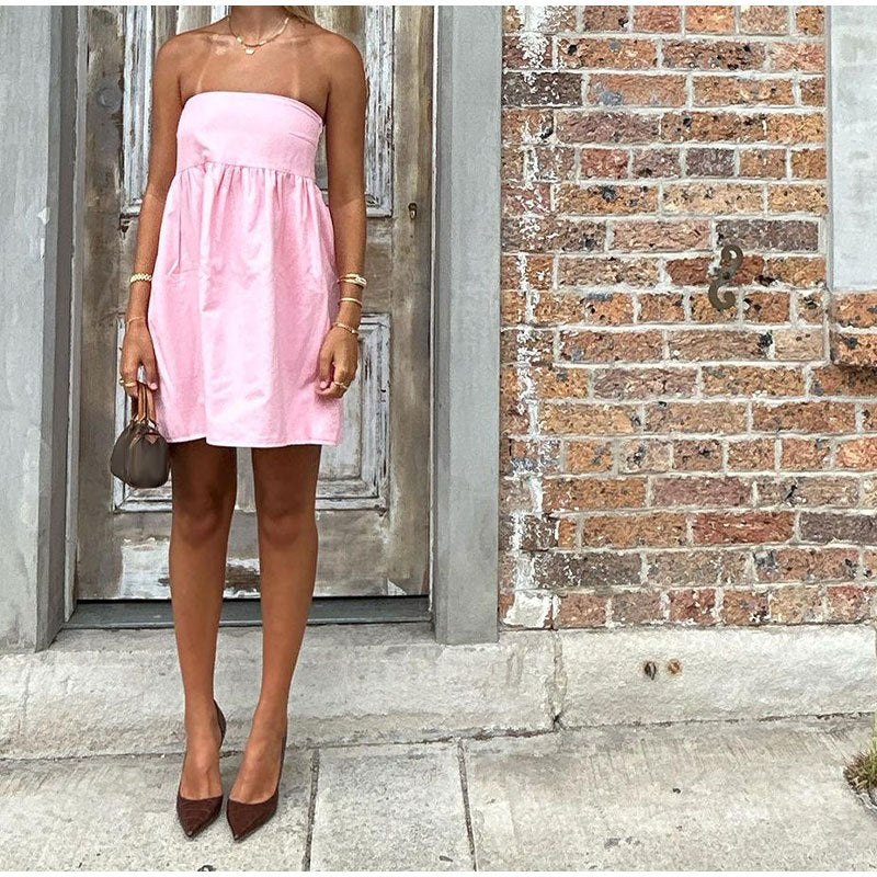 Fashionable Retro Pure Color Tube-top Sleeveless Midi Dress