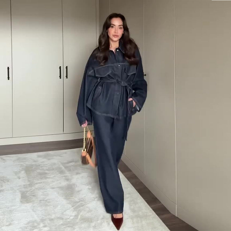 Fitted Waist Turn-down Collar Waist Denim Coat