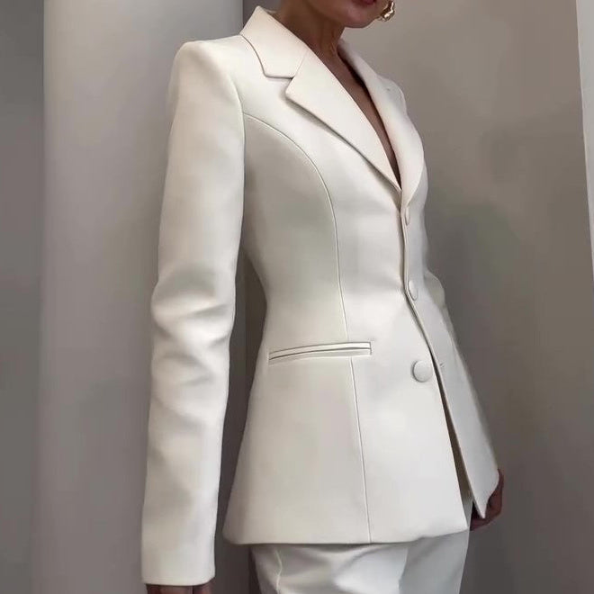 Classic Waist-cinched Blazer & High-waisted Pants White Suit