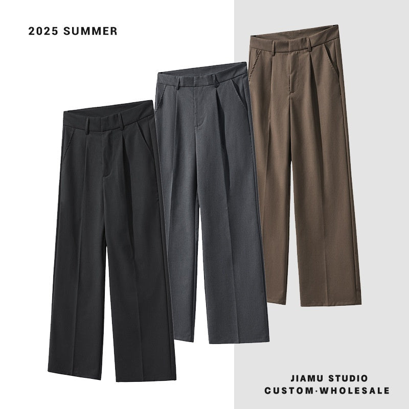 Old Money Style Pleated Neutral Straight Casual Suit Pants