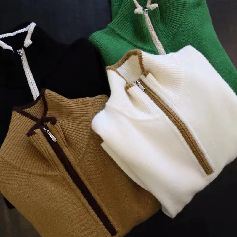 Stand Collar Zipper Loose Multicolor Fashion Sweater Women