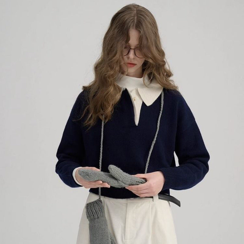 New Contrast Color Polo Collar Pullover Simple Lapel Sweater