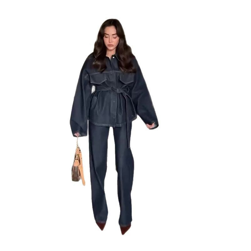 Fitted Waist Turn-down Collar Waist Denim Coat