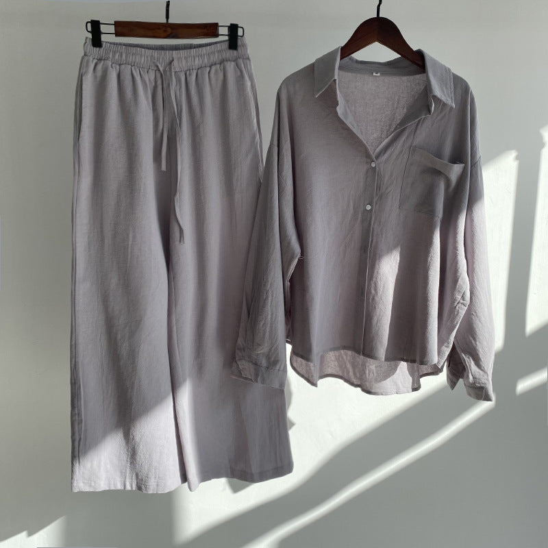 Women's 2-piece Retro Plus Size Cotton Linen Shirt Outfit High Waist Loose Trousers