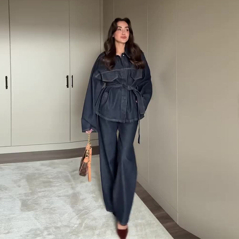 Fitted Waist Turn-down Collar Waist Denim Coat