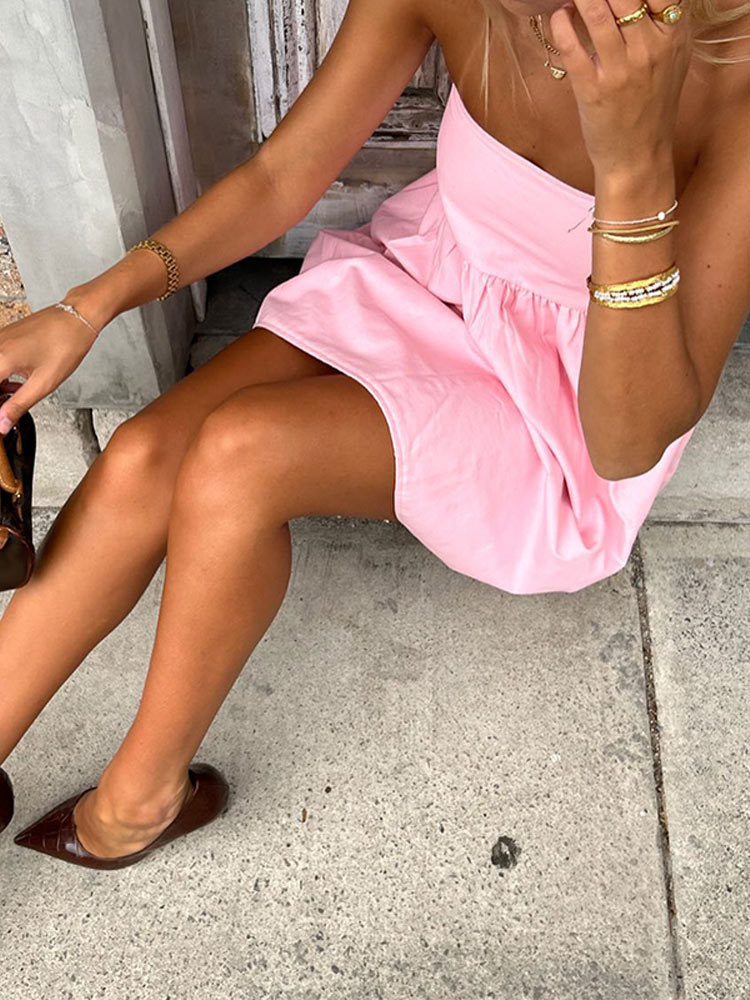 Fashionable Retro Pure Color Tube-top Sleeveless Midi Dress