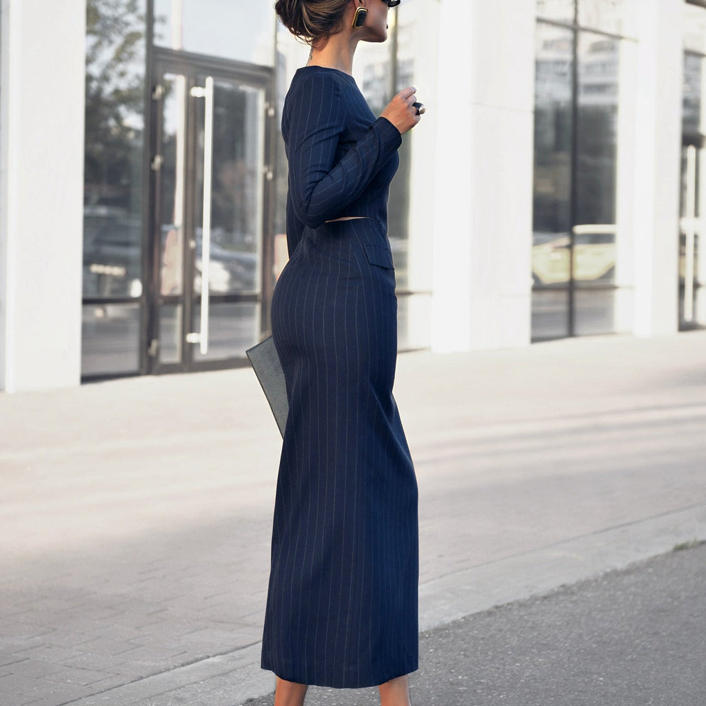 Round Neck Long Sleeve Hollow Striped Dress