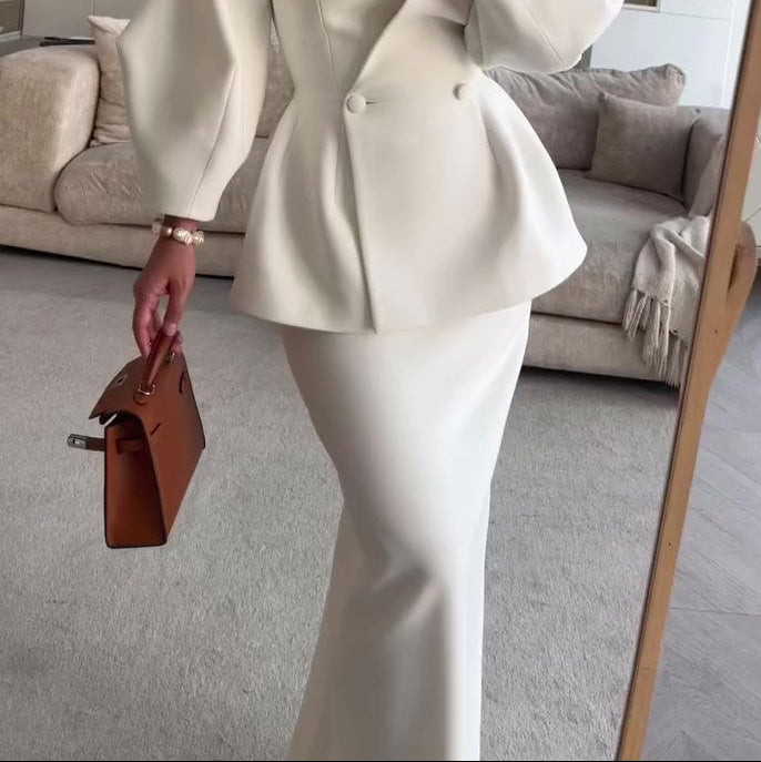 Ruffled V-neck Coat & Long Skirt Suit