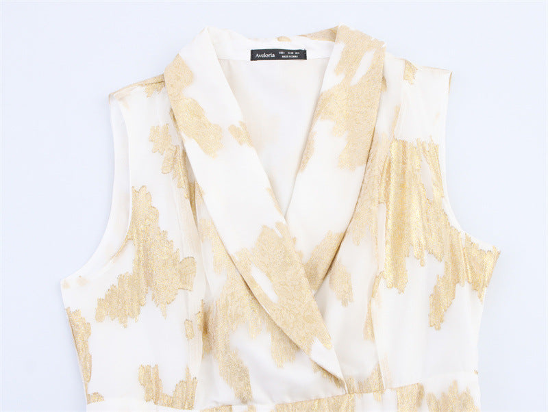 Fitted Waist Turn-down Collar Sleeveless Long Dress