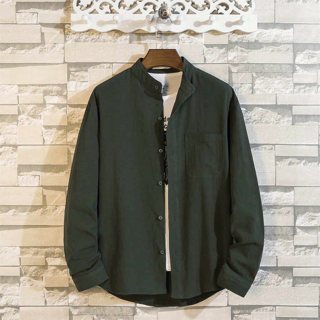 Men's Cotton And Linen Long-sleeved Stand-collar Shirt