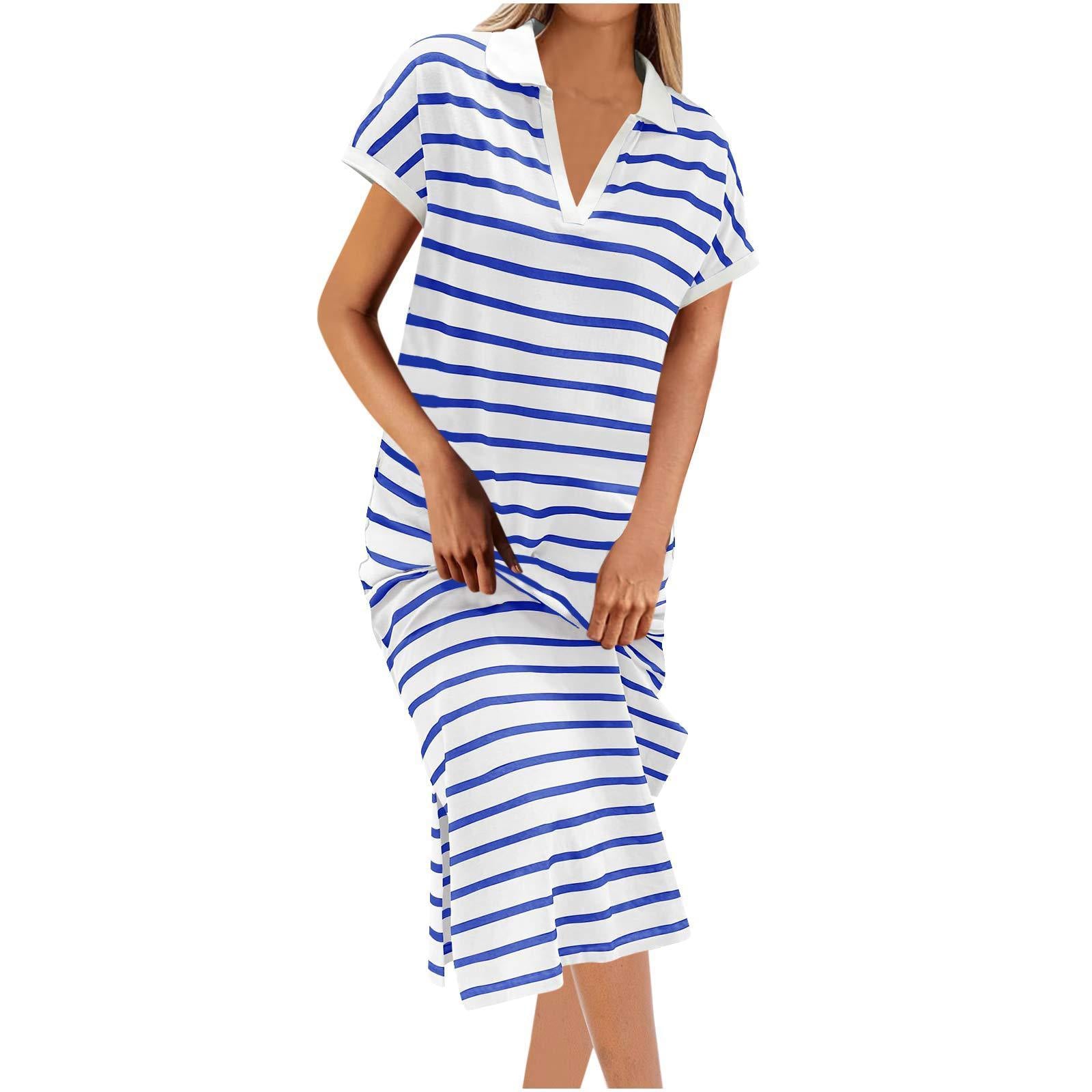 Polo Collar Stripes Short Sleeve Split Long Dress