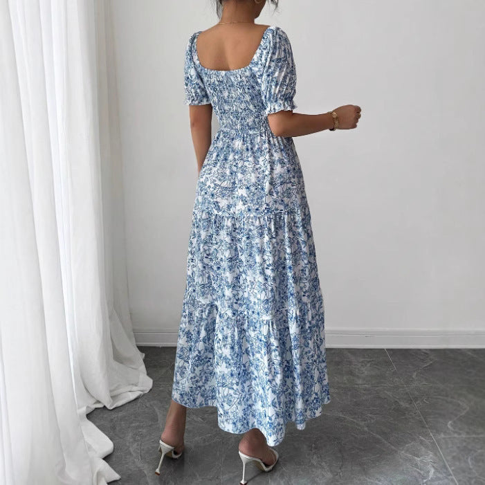 Elegant Idle Style Printed Square Collar Loose Long Puff Sleeve Dress