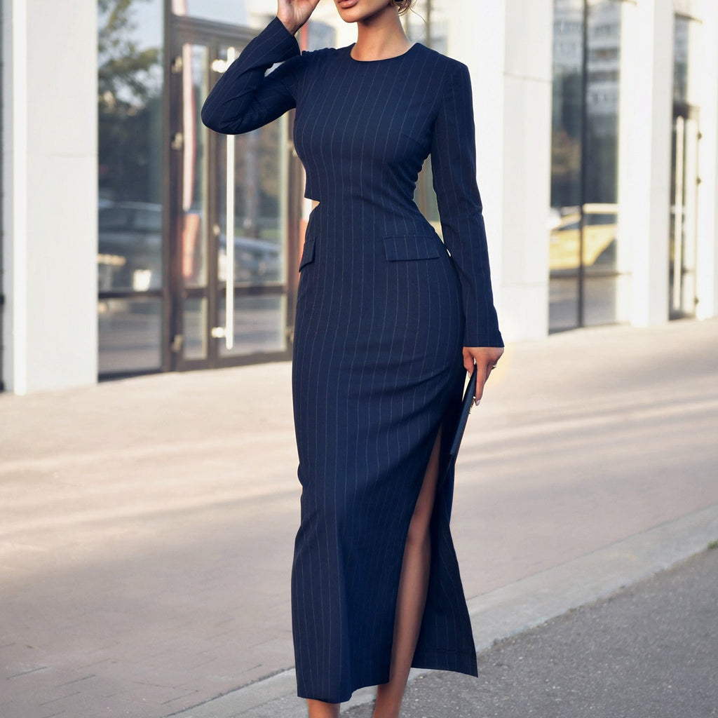 Round Neck Long Sleeve Hollow Striped Dress