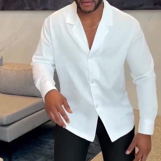 White Long -Sleeve Notch-lapel Button-down Shirt