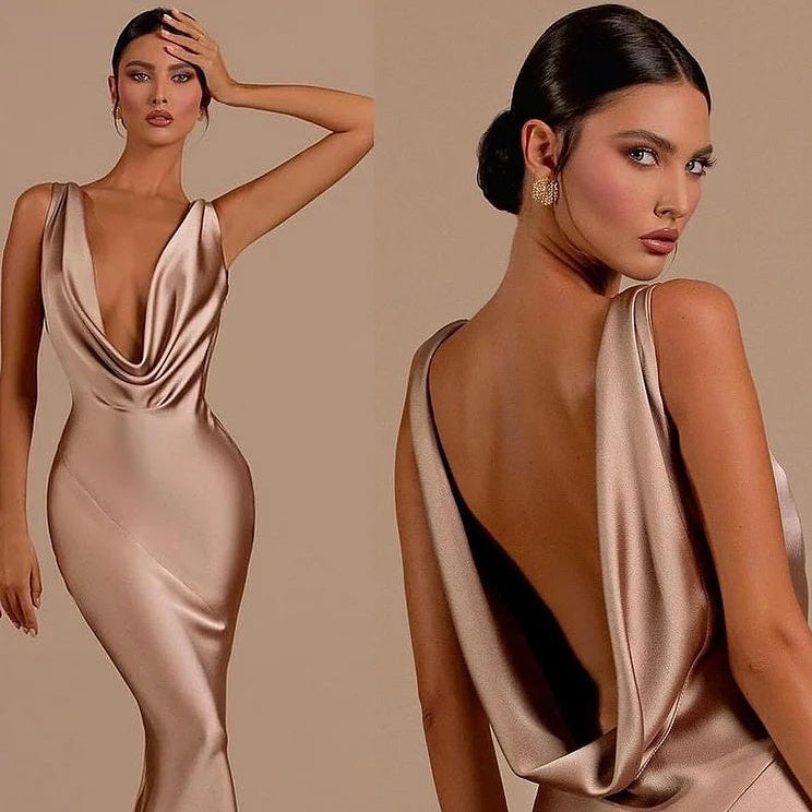 Mermaid Bridesmaid Dresses For Wedding Deep V Neck Satin Prom Dress Long Formal Evening Gowns For Women