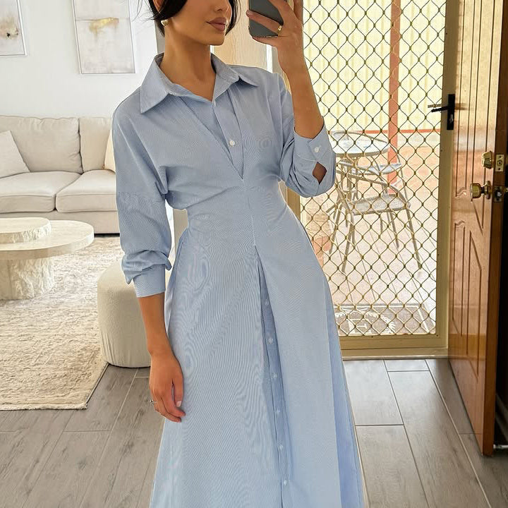 Blue Striped Single-breasted Shirt Dress