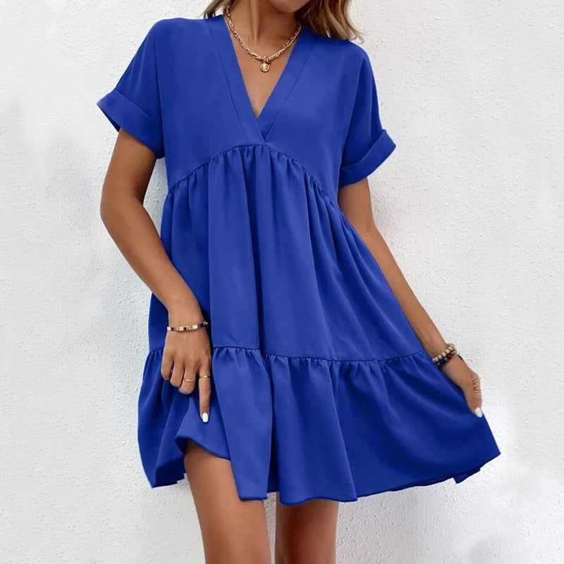 Vestido de verano de manga corta con cuello en V, informal, con volantes, color liso, para playa y vacaciones.