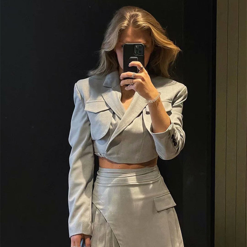 Retro Fried Street Fashion Suit Short Coat Waistcoat High Waist Pleated Skirt