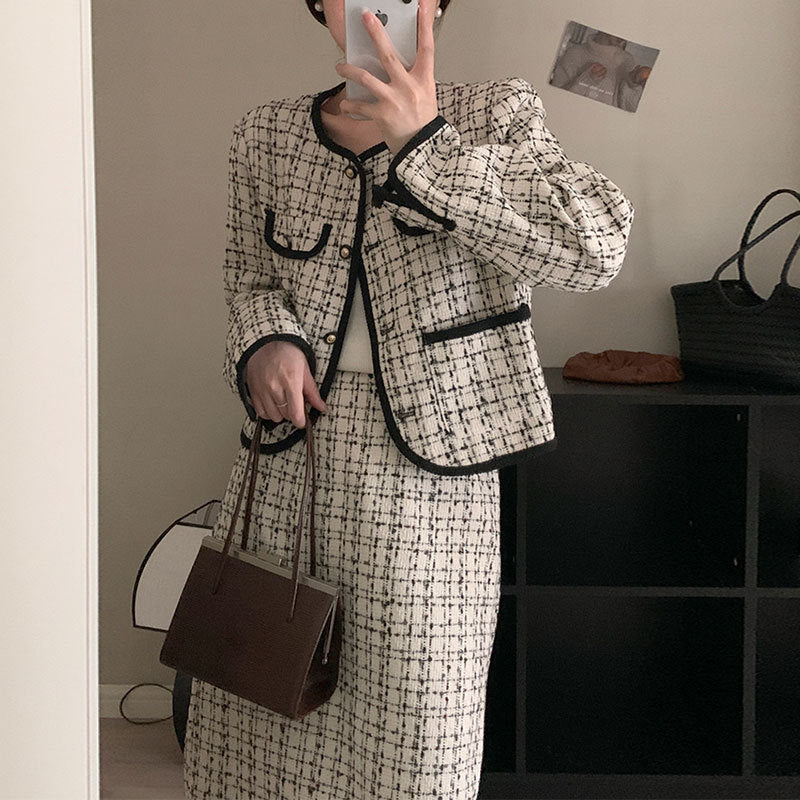Small Country Style Round Neck Tweed Short Coat High Waist Plaid Skirt Suit