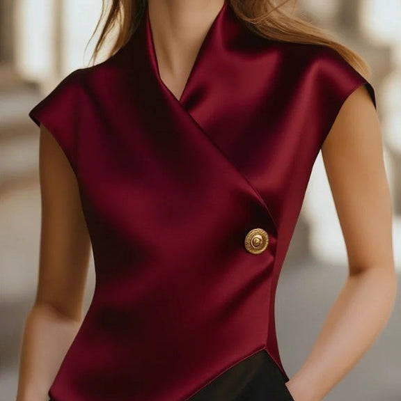 Elegant Cap Sleeve Satin Wrap Blouse With Sculpted Silhouette