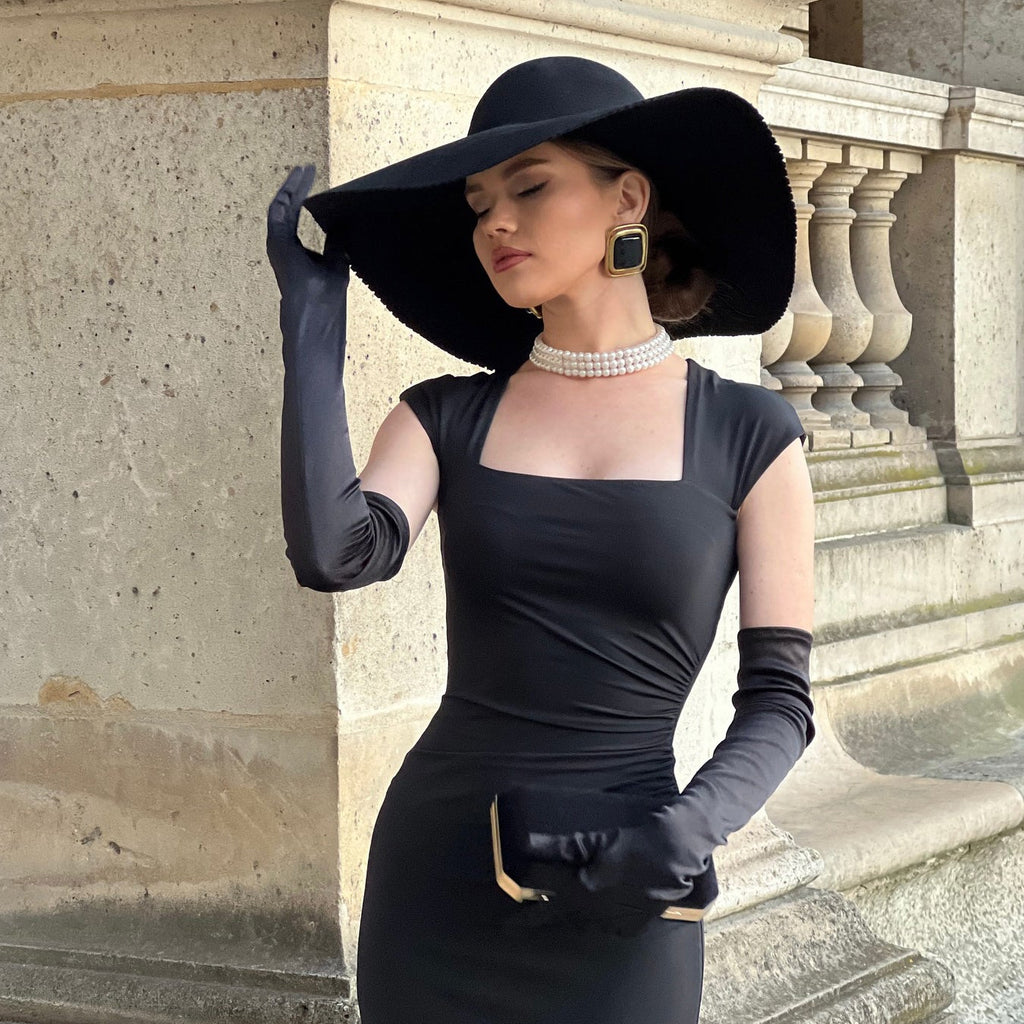 Black Square Neck Hip Wrap Dress With Gloves