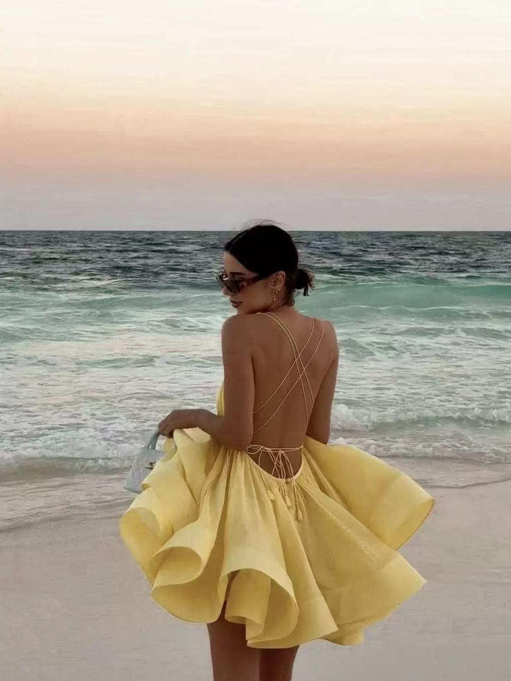 Sexy Sling Deep V-neck Backless Pleated Tulle Tutu Dress